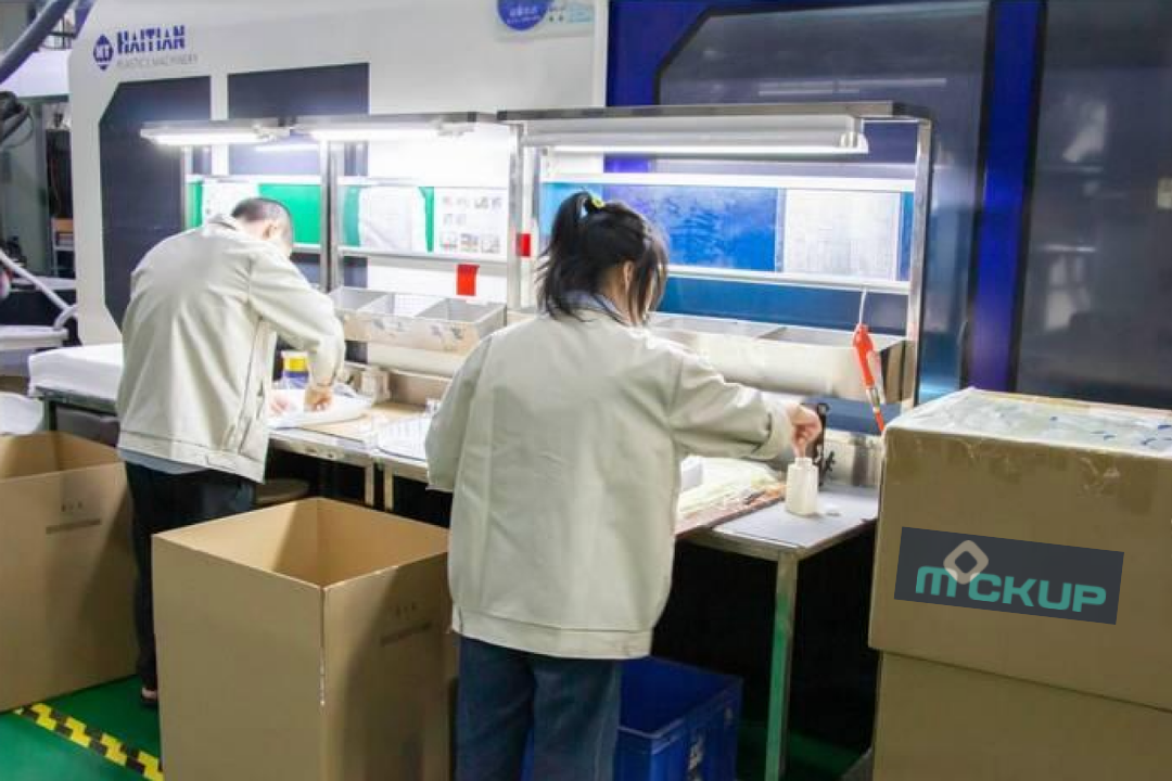 Operators inspecting molded parts at the production cell