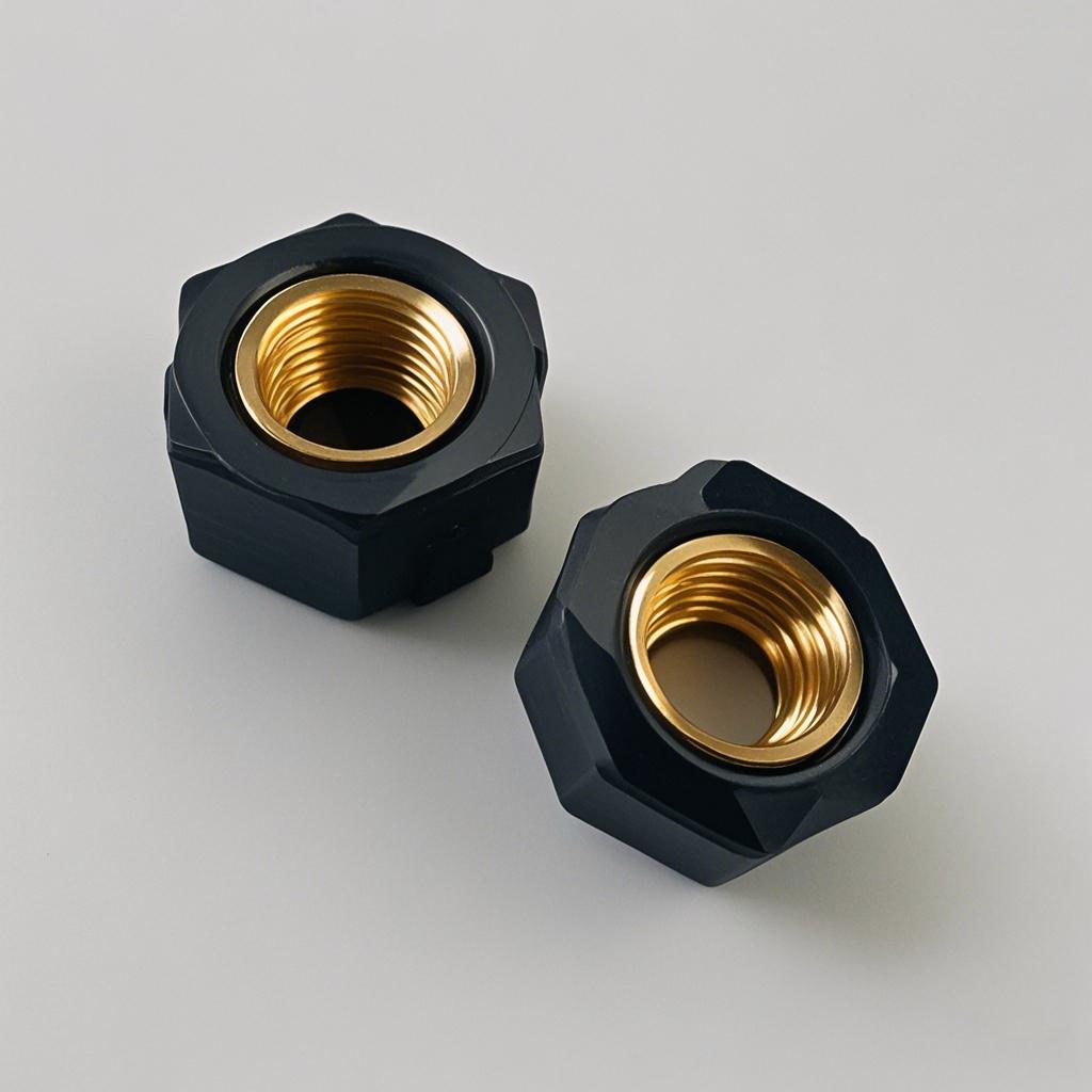 Real black plastic components molded around threaded brass inserts